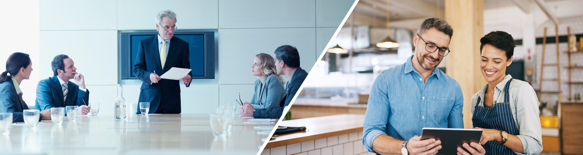 Left image: business executives having a meeting in conference room. Right image: Coffee Shop business owner looking at tablet with worker. 