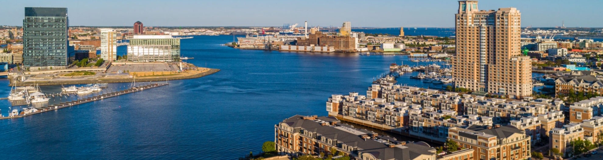 The aerial view on Harbor View residential district and marina at Patapsco River in Baltimore, Maryland, USA